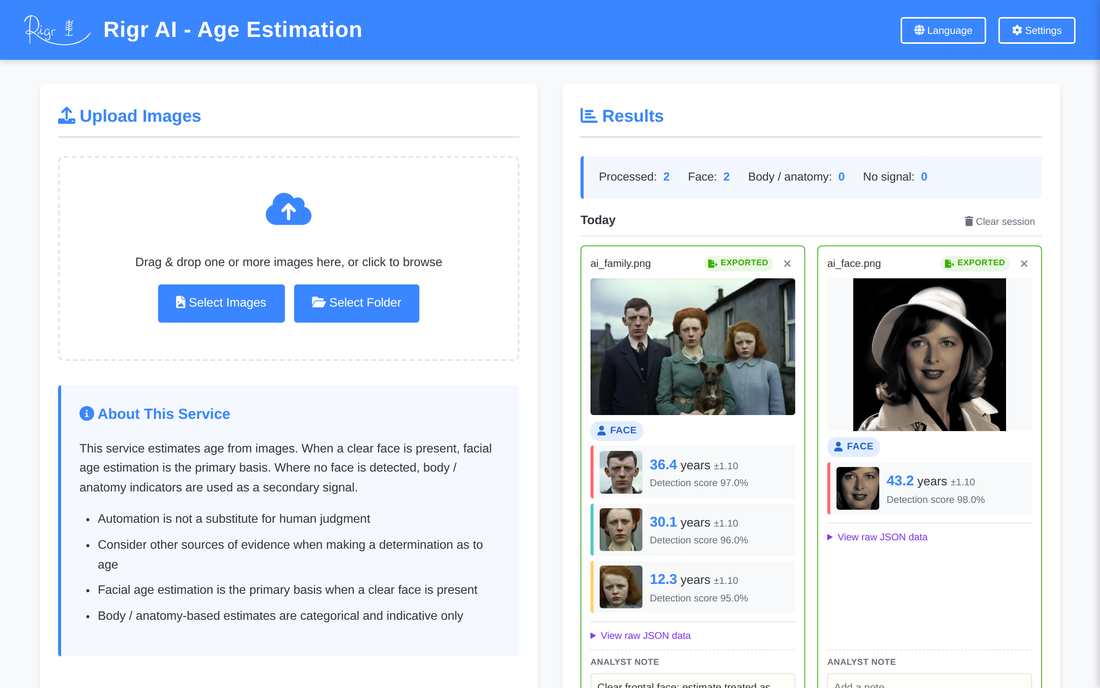 The investigator tool: batch upload on the left, per-face age estimates with detection confidence on the right