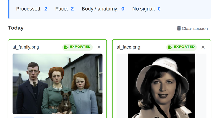 Two processed images with per-face age estimates in Rigr AI's investigator tool