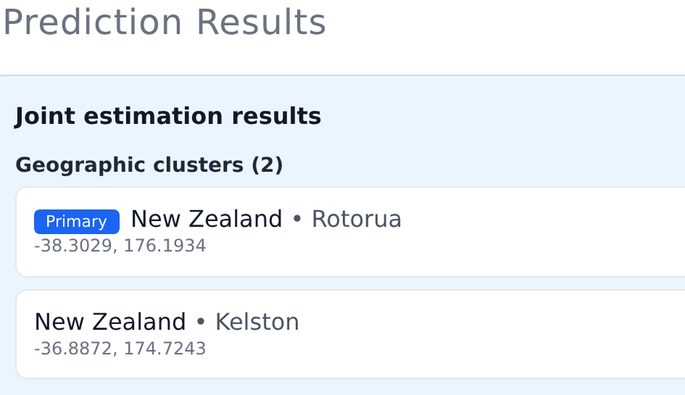 Joint estimation results in the full investigator UI, showing two geographic clusters with confidence scores