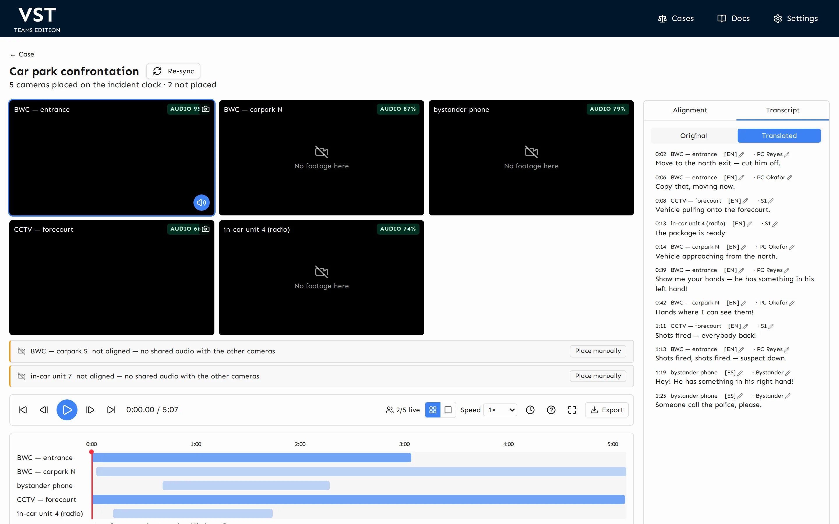 One searchable transcript across every camera