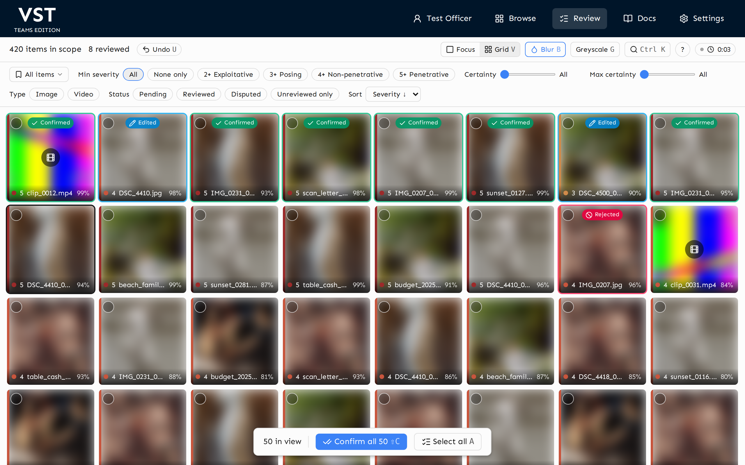 The VST Teams review screen: a seized device's media sorted by severity, every item blurred by default